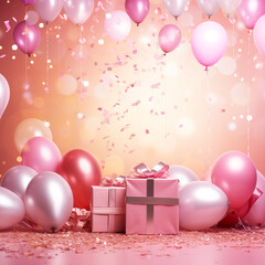 Classy birthday party background with pink and gold balloons and gifts create a festive party background.