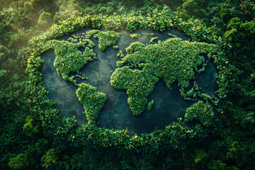 Poster - a world map made of tree leaves, representing the global importance of forests. concept of deforesta