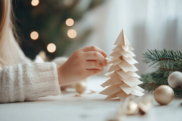 Wall Mural - Little girl making a Christmas tree from craft paper. Christmas traditions, children's leisure