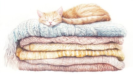 Canvas Print -   A pastel and pencil illustration of a cat dozing atop a mound of knitted blankets