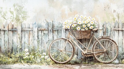 Poster -   A bicycle with a basket of daisies, in front of a daisy-covered fence