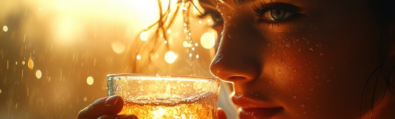 Woman drinking a glass of water in the rain