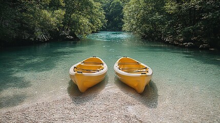 Poster -   A pair of yellow vessels resting atop a river alongside a dense green woodland brimming with countless arboreal species