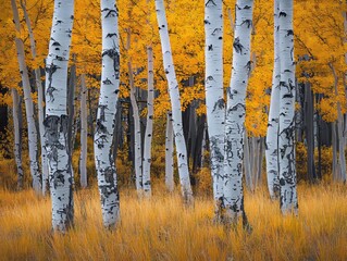 Autumn foliage contrasts beautifully with birch trees' white trunks as golden leaves fall from the trees