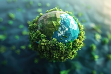 Poster - A green and blue planet surrounded by foliage. AI.