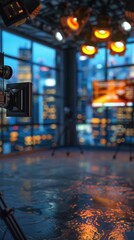 Poster - A camera set up in a studio with city lights reflecting on the floor. AI.