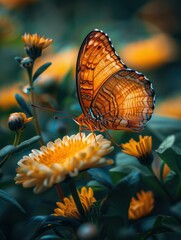 Poster - A butterfly rests on a yellow flower. AI.