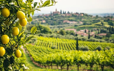 The ripe lemons are piled high on the trees in a countryside lemon orchard