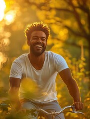 Wall Mural - A man smiles as he rides his bike through a sunny forest. AI.