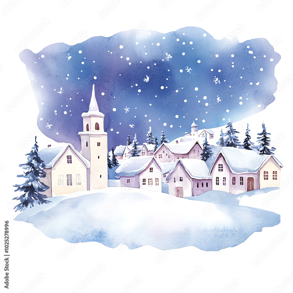 Snowy village scene with a church under a starry sky, winter wonderland ...
