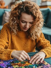 Poster - A woman puts together a colorful jigsaw puzzle. AI.