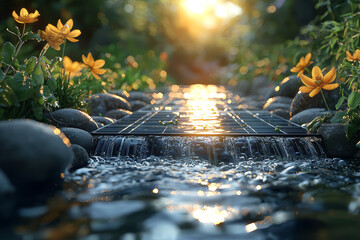 Poster - A river flowing through a solar panel, symbolizing the connection between water and renewable energy. Concept of sustainable energy sources.
