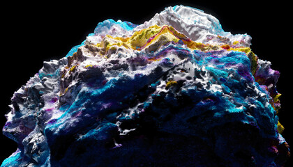 Wall Mural - 3d render of abstract art with surreal mineral geology stone object ocean coral reef or asteroid in organic forms in deformation process in the dark in blue purple and white mix color