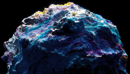 Wall Mural - 3d render of abstract art with surreal mineral geology stone object ocean coral reef or asteroid in organic forms in deformation process in the dark in blue purple and white mix color 