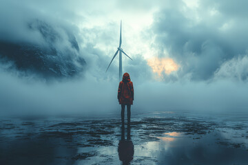 Poster - A person standing in front of a giant wind turbine, symbolizing the role of individuals in supporting renewable energy. Concept of environmental responsibility.
