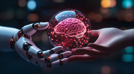 Poster - A robotic hand and a human hand holding a glowing brain inside a crystal sphere, illustrating the connection between technology and human intellect
