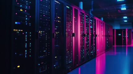 Poster - Rows of illuminated server racks in a data center