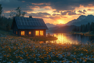 Poster - A house illuminated by solar panels during a blackout, representing self-sufficiency in energy. Concept of solar energy.