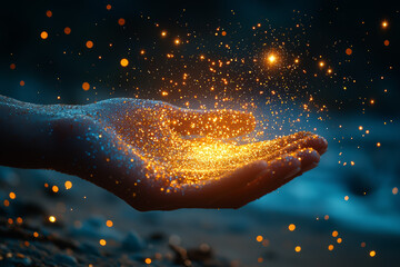 Poster - a hand sprinkling stars into the sky like grains of sand, symbolizing the act of creation. concept o
