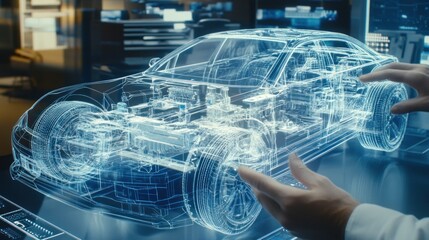Fototapete - A Hand Interacting With a Holographic 3D Model of a Car