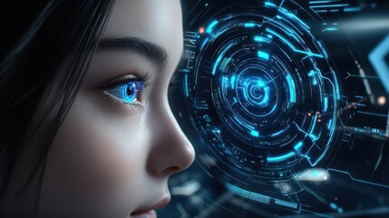 Poster - Close-up of a woman's eye with a glowing blue digital interface overlay