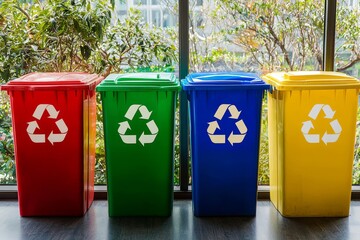 Multiple recycling bins provide an office with environmental responsibility.