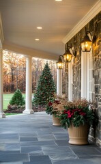 Sticker - The cozy rustic front door is beautifully enhanced with seasonal floral arrangements, a miniature Christmas tree, and lush greenery in stylish large planters.