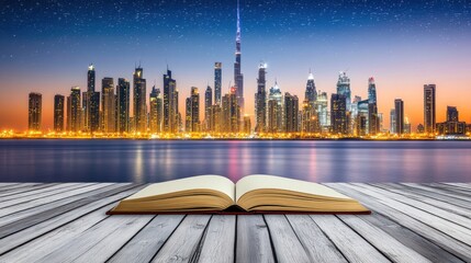 Fototapete - Open Book with Dubai Skyline at Dusk Under a Starry Sky