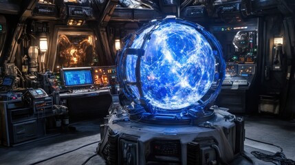 Poster - Glowing Blue Orb in a Futuristic Laboratory Setting