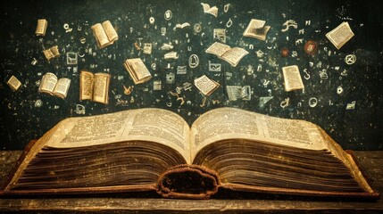 Poster - Open Antique Book With Floating Pages and Symbols