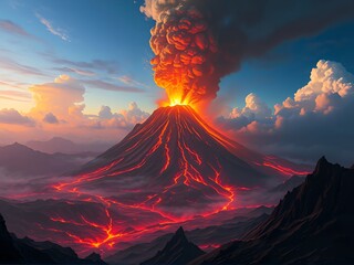 volcano eruption with lava and clouds