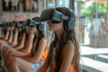 Poster - A class where AI-powered virtual reality takes students on field trips, symbolizing the use of immersive technology in education. Concept of AI in immersive learning.