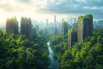 Poster - a city skyline overrun by greenery, representing the reclaiming of urban spaces by nature. concept o