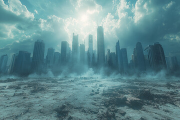 Poster - a city rising from a barren wasteland, representing the creation of something from nothing. concept 