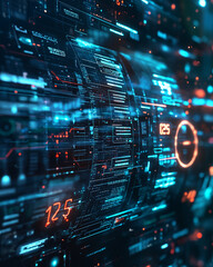 Poster - An abstract digital interface with lines and numbers in blue and red hues against a dark background. The display features a variety of data and graphics.
