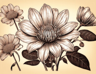 An old intricate botanical illustration of a single flower shown in various stages of development.