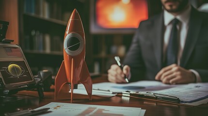 A businessman writes at his desk, showcasing a playful rocket model, symbolizing innovation and ambition in a creative workspace.