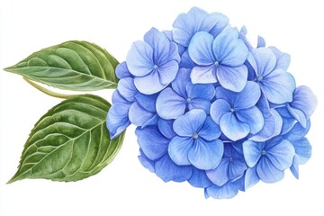 The white background is adorned with a blue watercolor hydrangea flower