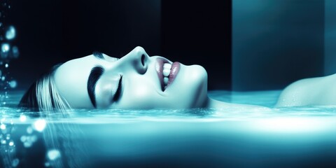 Wall Mural - Serene woman relaxing in tranquil spa pool with glowing blue light reflections