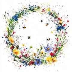 Wall Mural - Wildflower, bees, and butterflies ornamental round frame. Watercolor illustration isolated on white. Summer meadow flower illustration.