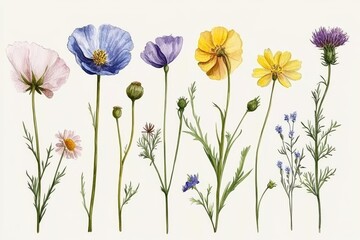 Wall Mural - An illustration using watercolor flowers on a white background without shadows.