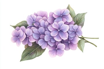 Wall Mural - Watercolor painting of an actual purple hydrangea plant with branches and leaves. Clipping path included.