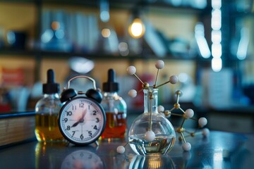 Poster - Chemical laboratory with flasks, molecules model and clock, concept of scientific research and time