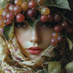 A woman with a crown of grapes and leaves, her eyes are looking directly at the viewer.