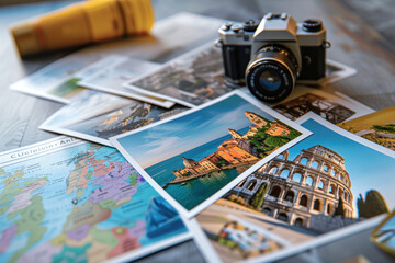 European Travel Promotion with Iconic Landmarks and Vintage Camera for Travel Agency Marketing