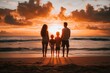 © SKIMP Art - A family of four stands on the beach at sunset, with their backs to us and silhouettes against the backdrop of nature The ocean is visible in front of them Generative AI