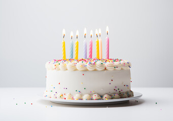 Birthday cake with colorful candles and sprinkles sits on a white background.