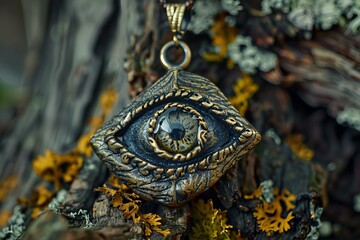 Bronze amulet with green eye is lying on the moss covered bark of tree in forest