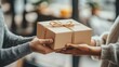 © Lion - Customer accepting a package from a courier, close-up on hands, showcasing logistics and delivery service. Clean and clear background.