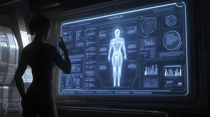 Poster - A futuristic silhouette of a person examining a digital scan of a human body displayed on a large screen.